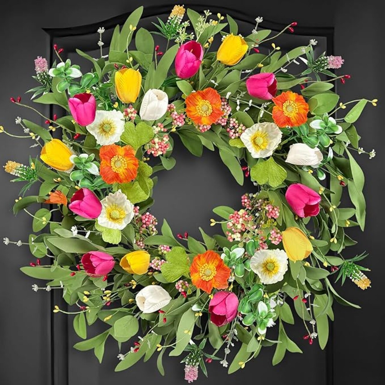 22-Inch Artificial Tulip Spring Wreath for Front Door – Lifelike Floral Wreath with Greenery for Farmhouse, Porch, Window, Wall, Indoor & Outdoor Décor, Housewarming Gift